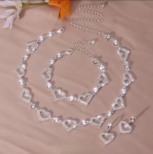 Heart & Rhinestones Jewelry Gift Set Silver Plated Necklace, Earrings & Bracelet